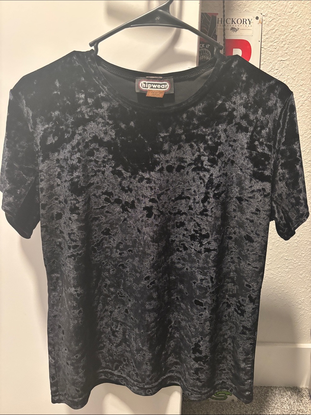 Hipwear Black Velvet-Effect Short Sleeve Top